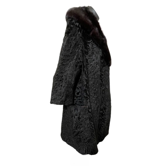 VINTAGE BLACK PERSIAN LAMB COAT WITH MINK COLLAR . 60s swing . SZ M-L - Picture 4 of 10